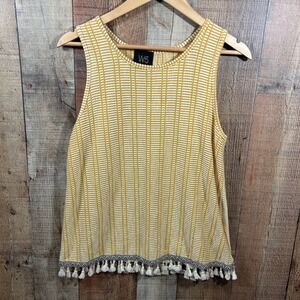W5 Womens Mustard Yellow White Striped Boho Tassel Hem Tank Top Large Festival